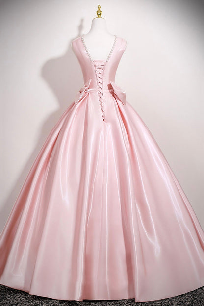 Pink Satin Long Prom Dress with Bow, Pink A-Line Evening Party Dress