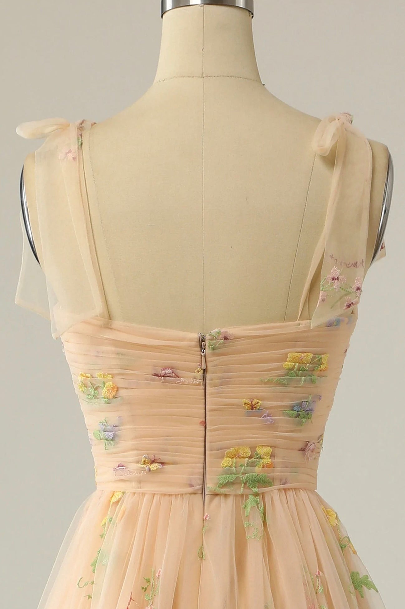 Champagne Tulle Lace Floor Length Prom Dress, A-Line Spaghetti Straps Evening Dress