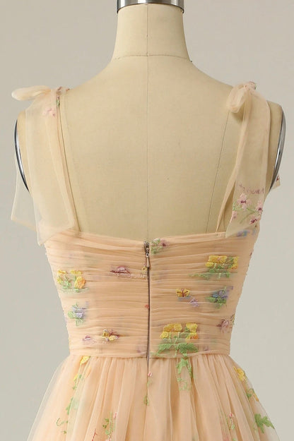 Champagne Tulle Lace Floor Length Prom Dress, A-Line Spaghetti Straps Evening Dress