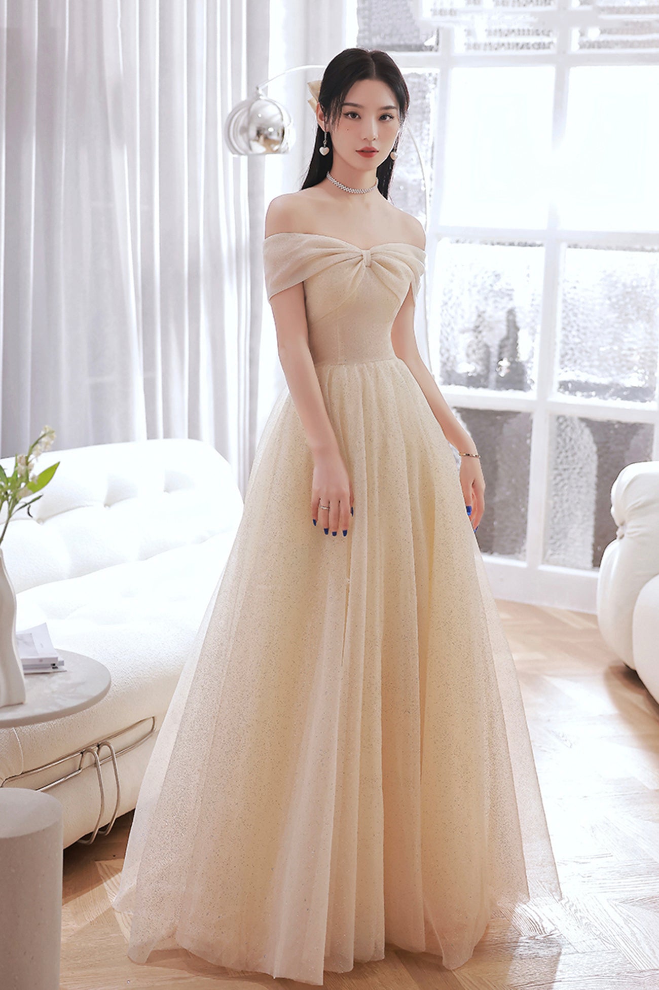 Champagne Tulle Long A-Line Prom Dress, Champagne Off the Shoulder Evening Dress