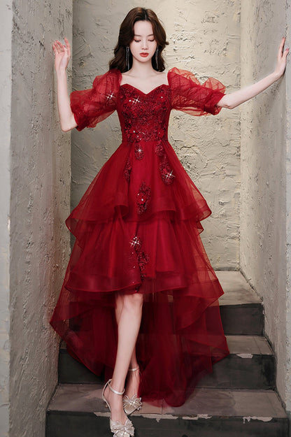 Burgundy Lace High Low Prom Dress, A-Line 1/2 Sleeve Evening Party Dress