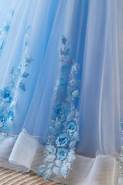 Blue Lace Flowers Long Prom Dress, Beautiful V-Neck Evening Party Dress