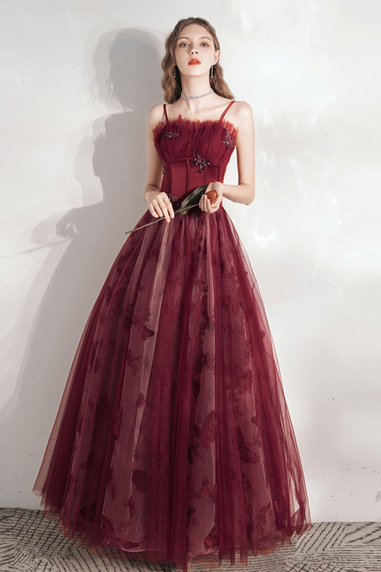 Burgundy Spaghetti Strap Tulle Long Prom Dress, Lovely A-Line Prom Dress