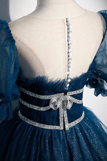 Blue Tulle Long A-Line Prom Dress, A-Line Short Sleeve Evening Dress