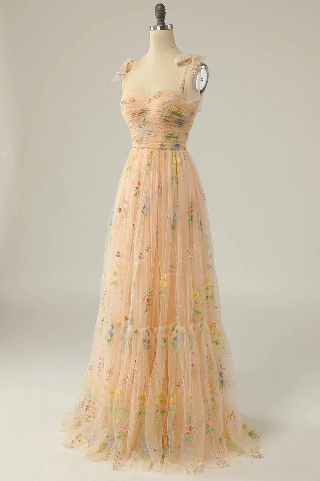 Champagne Tulle Lace Floor Length Prom Dress, A-Line Spaghetti Straps Evening Dress