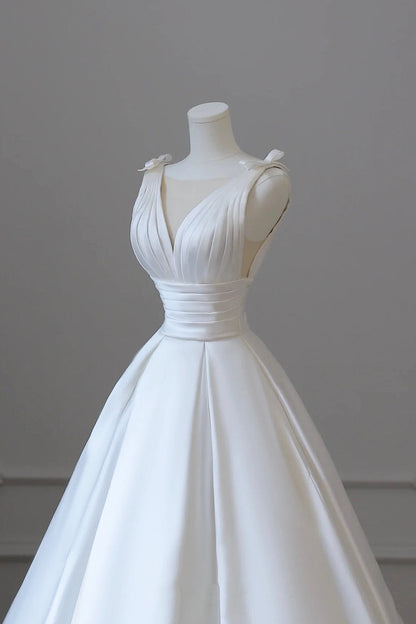 A-Line V-Neck Satin Wedding Dress, White Satin Bridal Gown with Bow