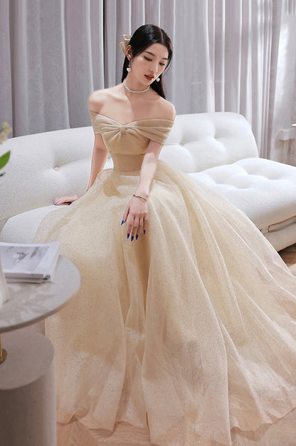 Champagne Tulle Long A-Line Prom Dress, Champagne Off the Shoulder Evening Dress