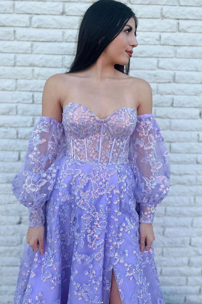 PM462, Princess Lilac Sweetheart Lace Prom Dresses, Off The Shoulder Bubble Sleeves A-Line Evening Gown