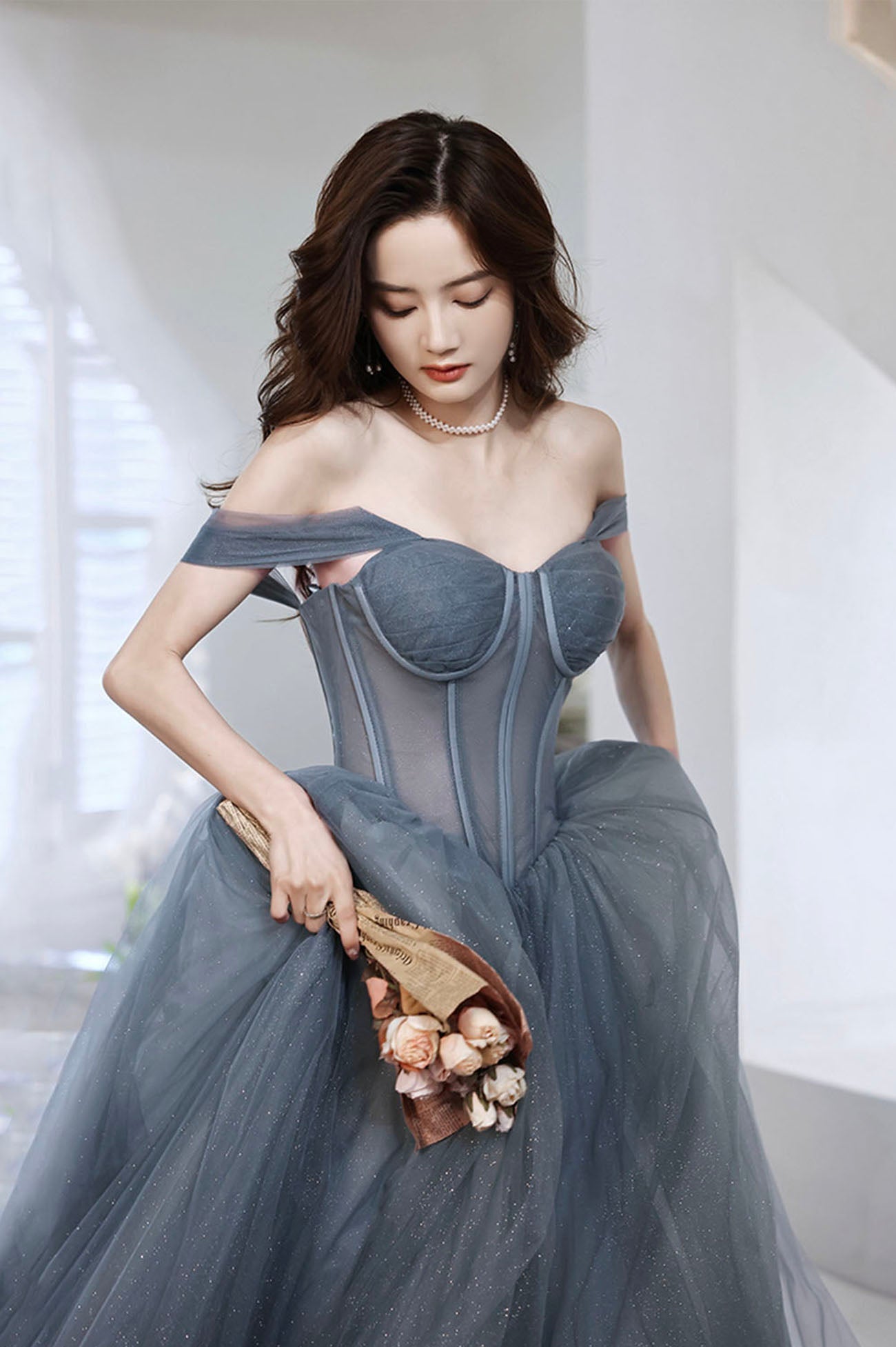 Gray Blue Tulle Long Prom Dress, A-Line Off the Shoulder Evening Dress