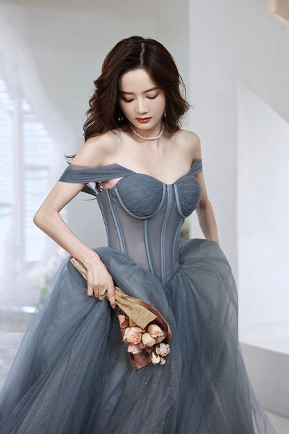 Gray Blue Tulle Long Prom Dress, A-Line Off the Shoulder Evening Dress