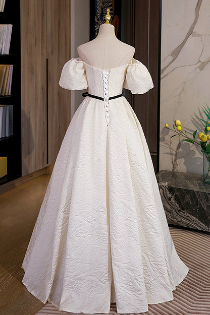 Simple A-Line Jacquard Fabric Long Prom Dress, Off the Shoulder Evening Dress
