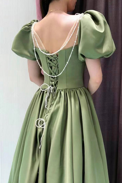 Green Satin Long A-Line Prom Dress, Green Short Sleeve Evening Party Dress