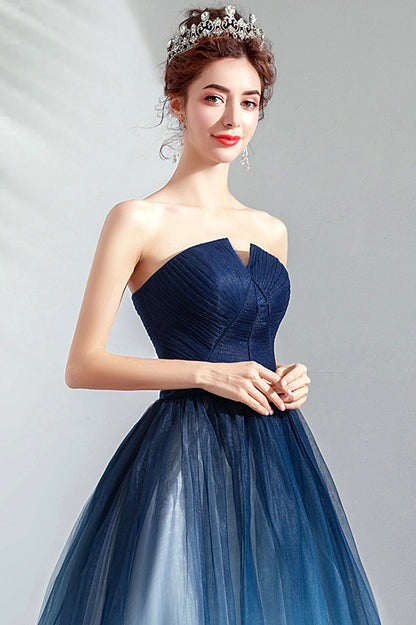 Blue Gradient Tulle Strapless Long A-Line Prom Dress, Blue Evening Party Dress