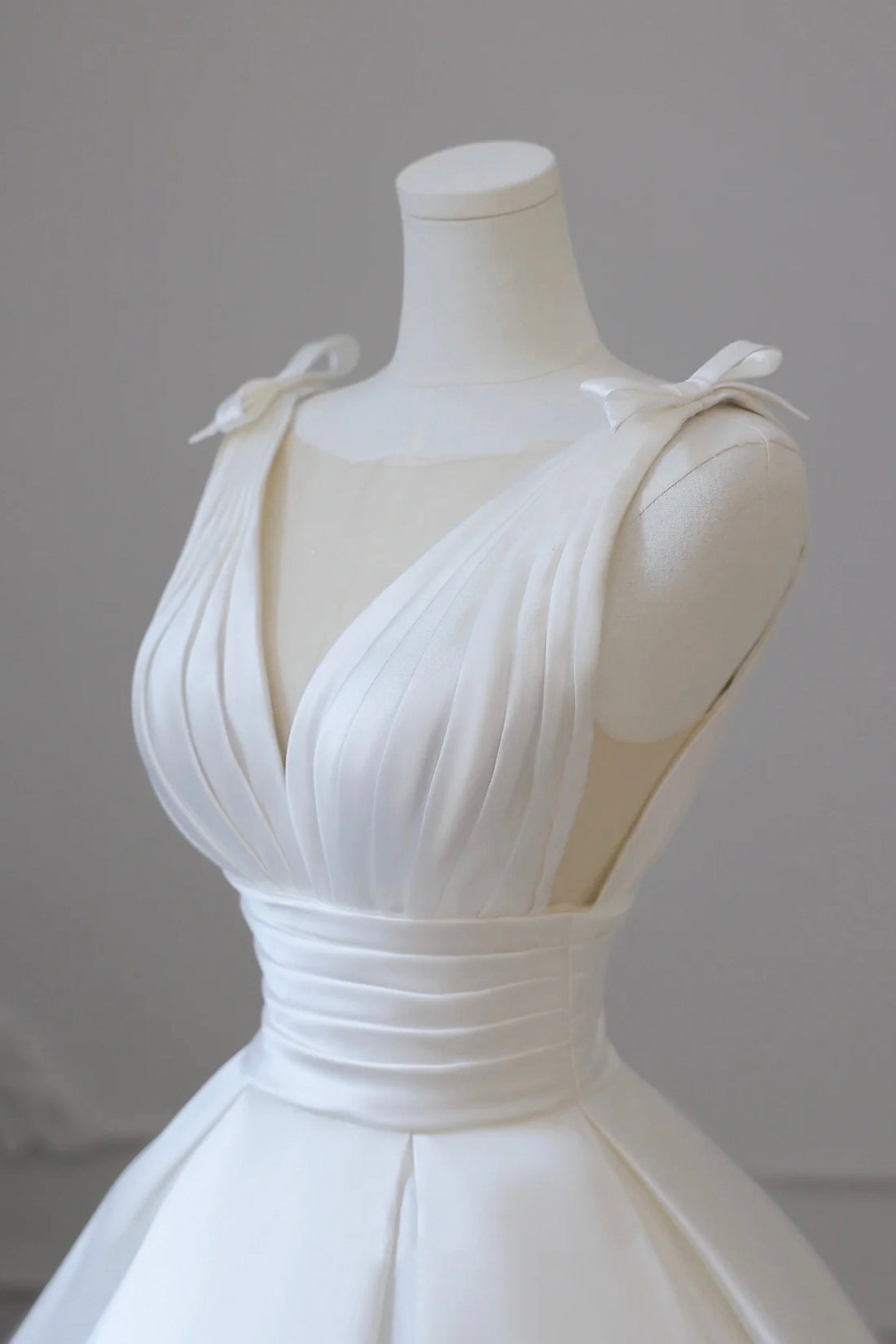 A-Line V-Neck Satin Wedding Dress, White Satin Bridal Gown with Bow