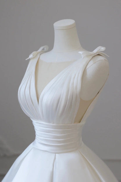 A-Line V-Neck Satin Wedding Dress, White Satin Bridal Gown with Bow