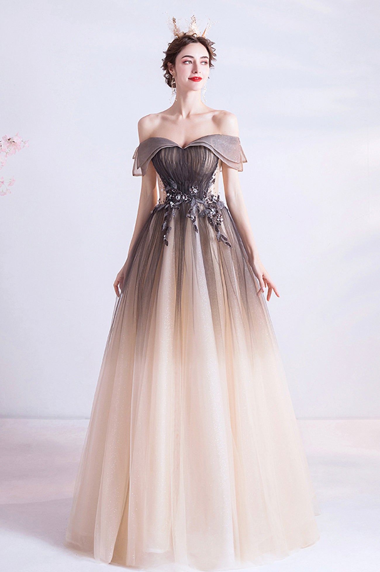 A-Line Gradient Tulle Long Prom Dress, Off the Shoulder Evening Dress
