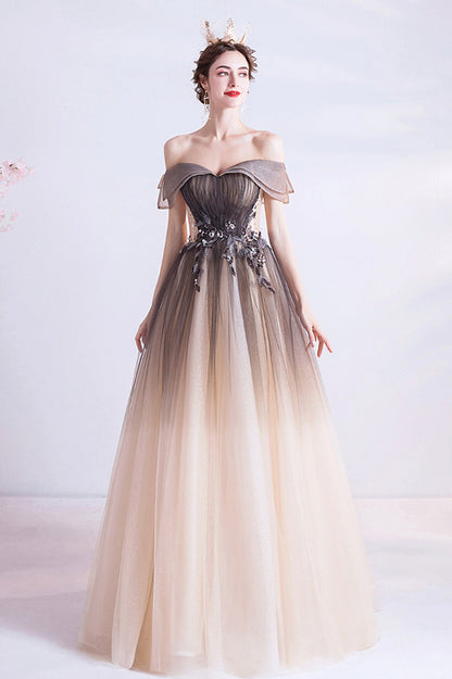 A-Line Gradient Tulle Long Prom Dress, Off the Shoulder Evening Dress
