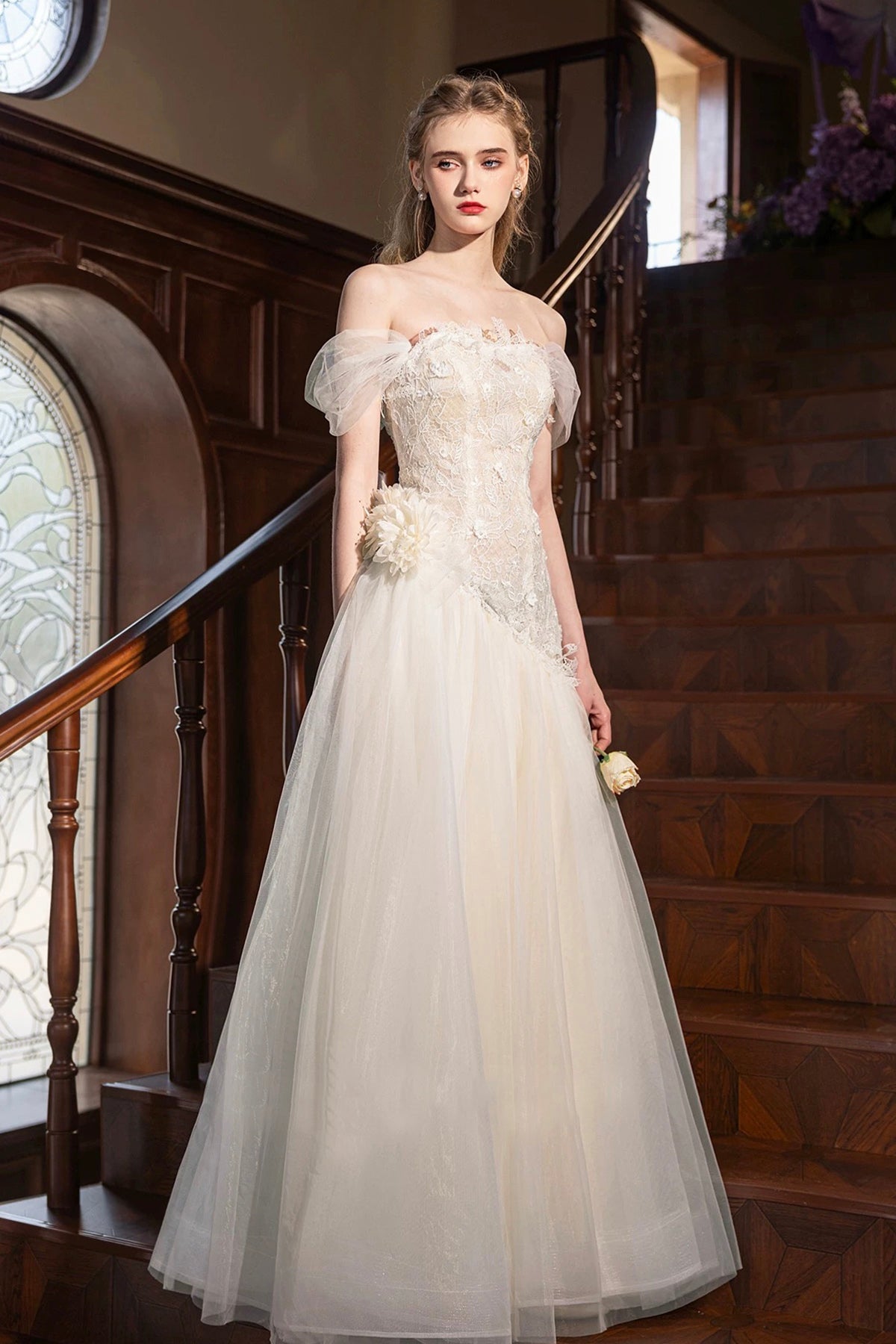 Champagne Tulle Lace Long Prom Dress, Beautiful Off the Shoulder Party Dress