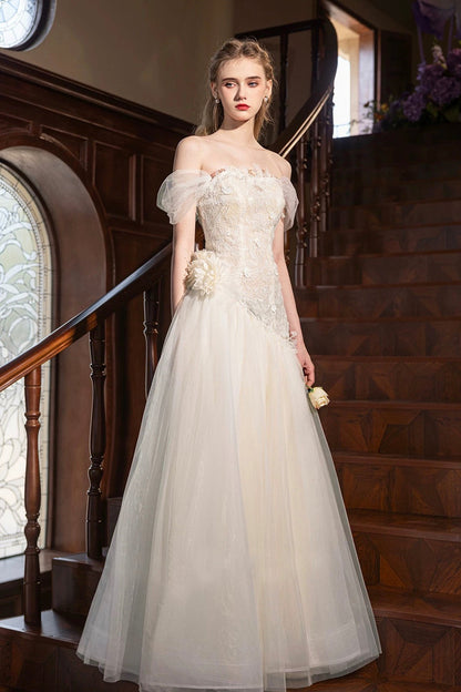 Champagne Tulle Lace Long Prom Dress, Beautiful Off the Shoulder Party Dress