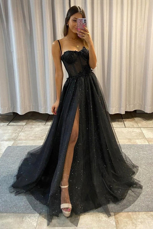 Black Tulle Lace Long Prom Dress, Black Spaghetti Straps Graduation Dress