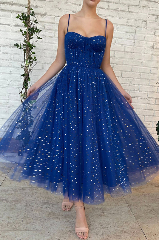 Blue Tulle Short A-Line Prom Dress, Cute Spaghetti Strap Homecoming Party Dress