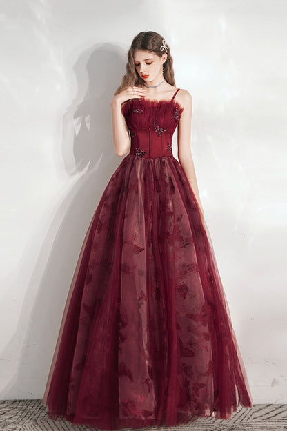 Burgundy Spaghetti Strap Tulle Long Prom Dress, Lovely A-Line Prom Dress