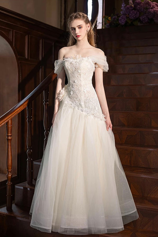 Champagne Tulle Lace Long Prom Dress, Beautiful Off the Shoulder Party Dress