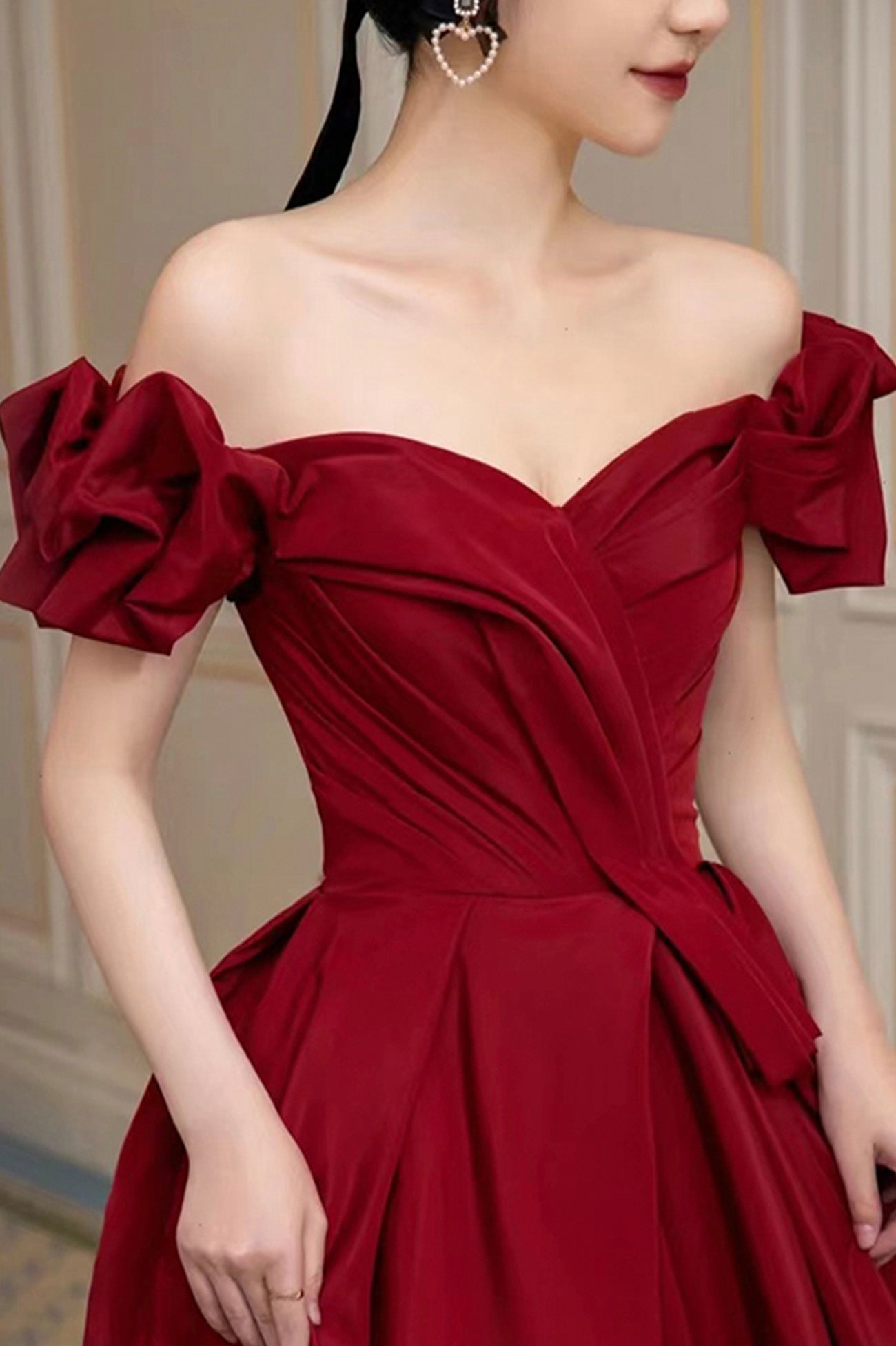 Burgundy Satin Long A-Line Prom Dress, Off the Shoulder Graduation Dress
