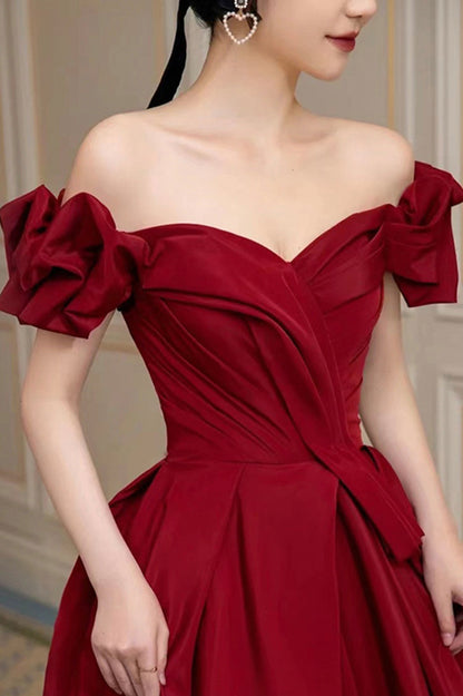Burgundy Satin Long A-Line Prom Dress, Off the Shoulder Graduation Dress