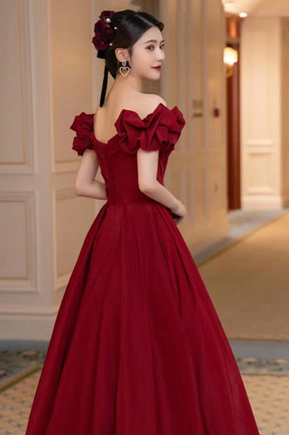 Burgundy Satin Long A-Line Prom Dress, Off the Shoulder Graduation Dress
