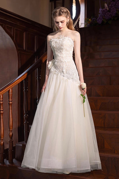 Champagne Tulle Lace Long Prom Dress, Beautiful Off the Shoulder Party Dress