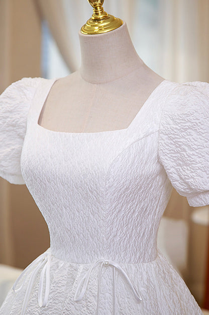 White A-Line Homecoming Dress, Cute Short Sleeve Evening Dress