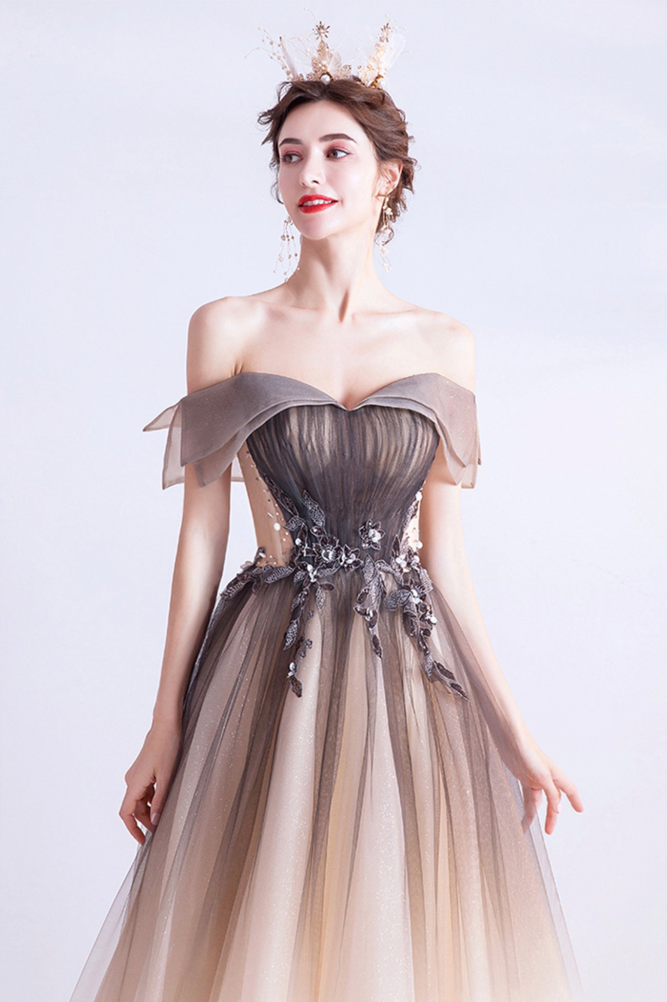 A-Line Gradient Tulle Long Prom Dress, Off the Shoulder Evening Dress