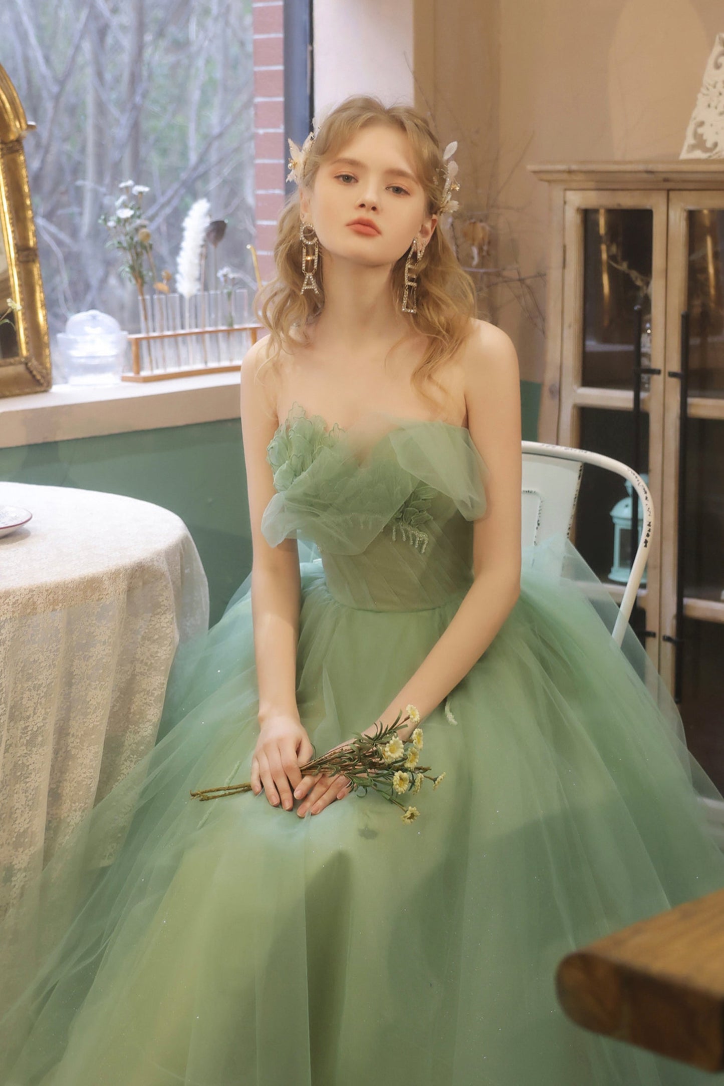 Green Strapless Lace Short Prom Dress, Lovely Green Homecoming Party Dress