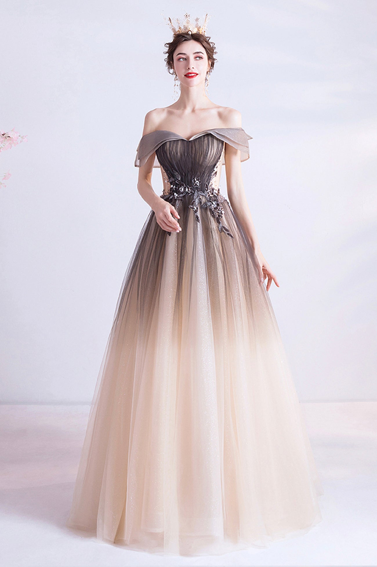 A-Line Gradient Tulle Long Prom Dress, Off the Shoulder Evening Dress