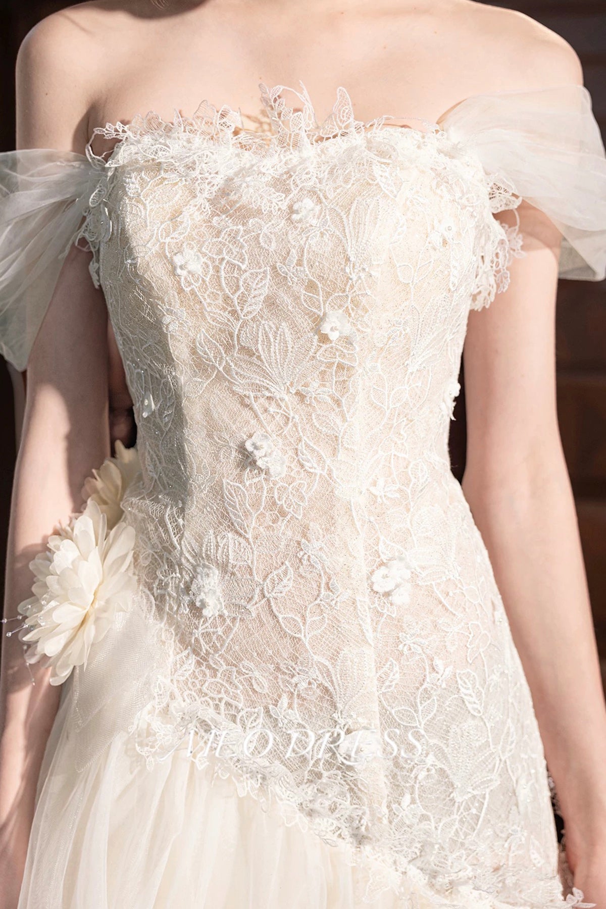 Champagne Tulle Lace Long Prom Dress, Beautiful Off the Shoulder Party Dress