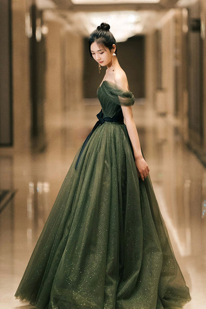 Green Tulle Long Prom Dress, Off the Shoulder A-Line Evening Party Dress