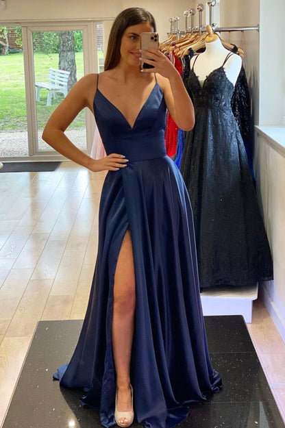 Simple Satin Long A-Line Prom Dress, V-Neck Spaghetti Strap Evening Dress with Slit