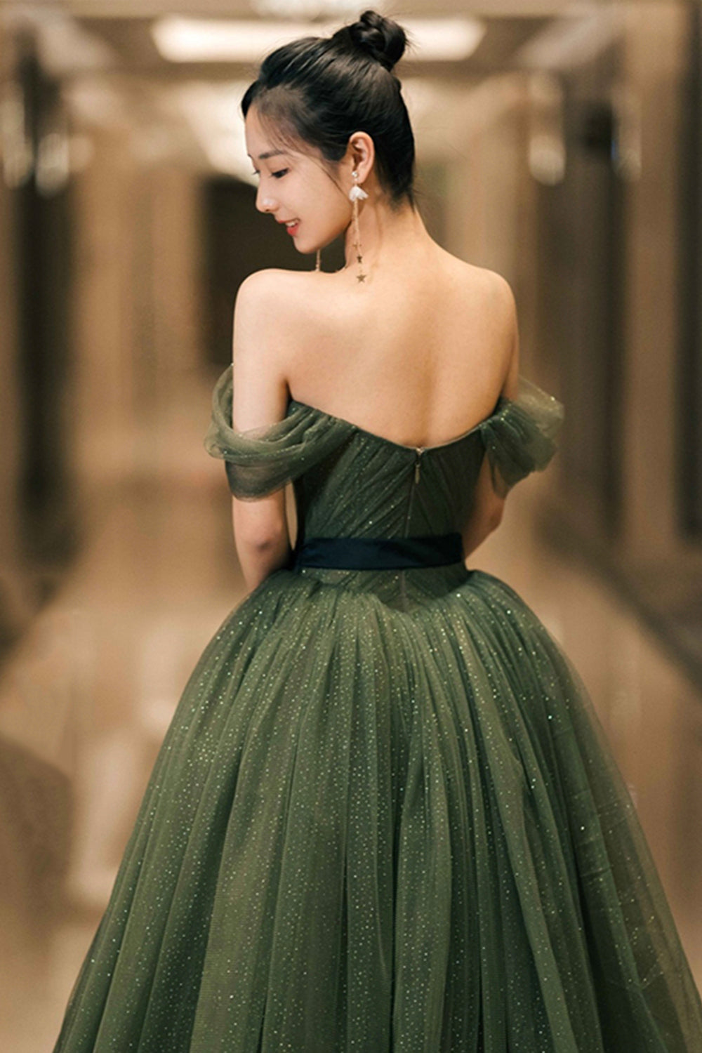 Green Tulle Long Prom Dress, Off the Shoulder A-Line Evening Party Dress