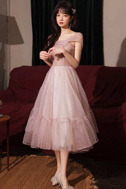 Pink Tulle Short A-Line Prom Dress, One Shoulder Homecoming Party Dress
