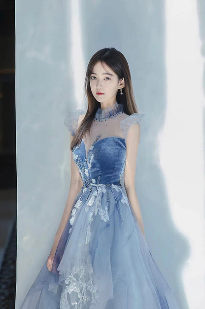 Blue Tulle Long A-Line Prom Dress with Lace, Lovely Evening Party Dress