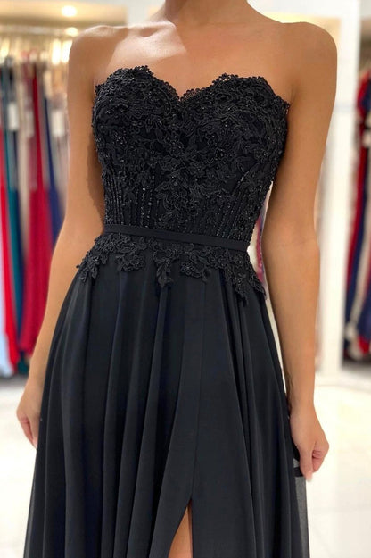 Black Chiffon Lace Long Prom Dress, A-Line Strapless Evening Party Dress
