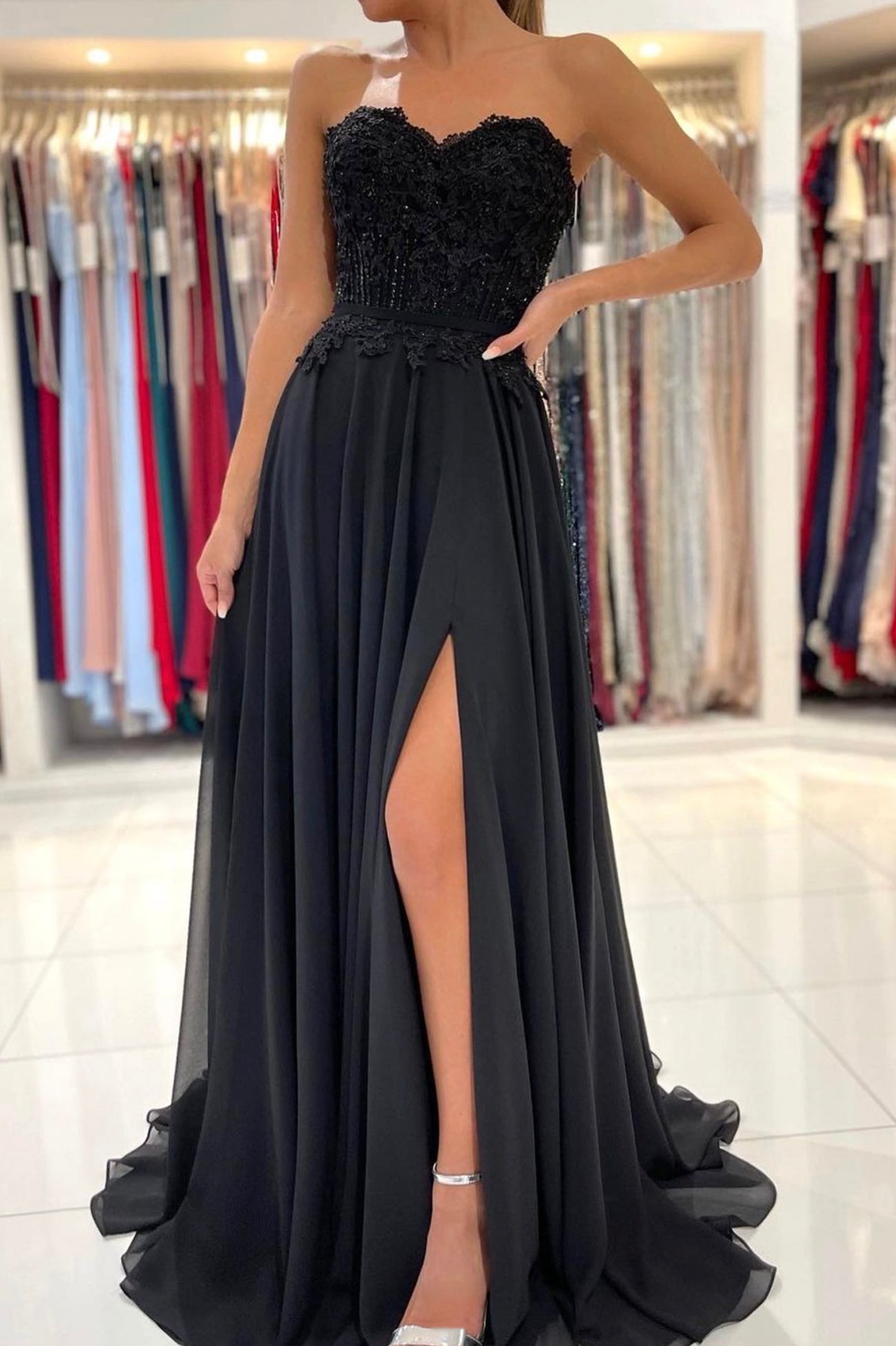 Black Chiffon Lace Long Prom Dress, A-Line Strapless Evening Party Dress