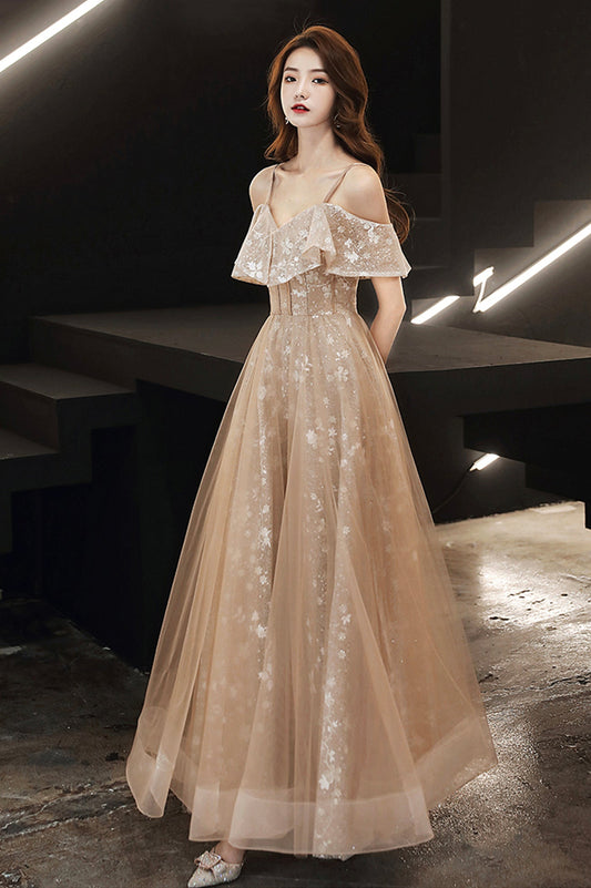 Lovely Spaghetti Strap Tulle Long Prom Dress, A-Line Evening Party Dress