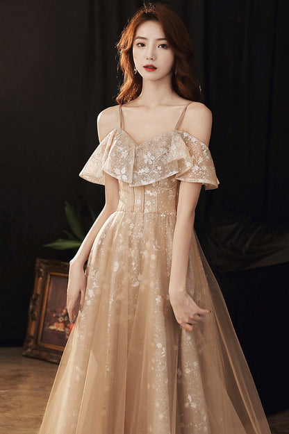 Lovely Spaghetti Strap Tulle Long Prom Dress, A-Line Evening Party Dress