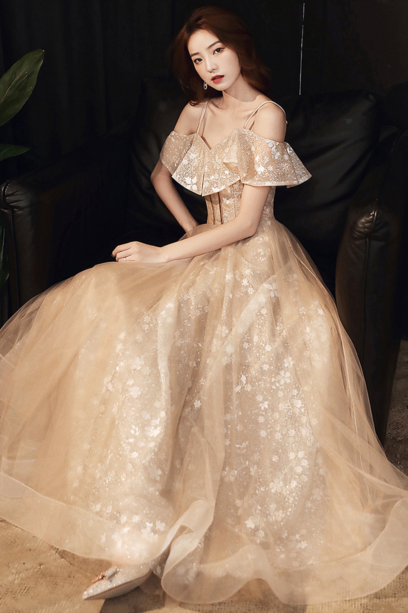 Lovely Spaghetti Strap Tulle Long Prom Dress, A-Line Evening Party Dress