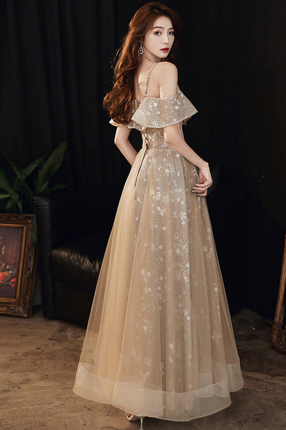 Lovely Spaghetti Strap Tulle Long Prom Dress, A-Line Evening Party Dress
