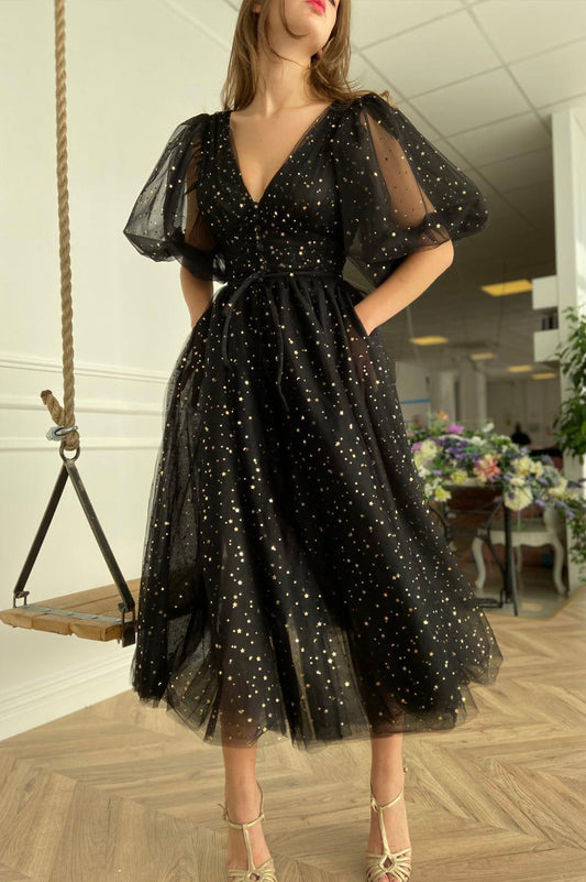 Cute V-Neck Tulle Short Prom Dress, Lovely Puff Sleeve Homecoming Dress