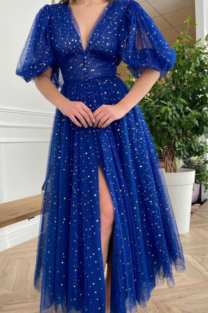 Cute V-Neck Tulle Short Prom Dress, Lovely Puff Sleeve Homecoming Dress