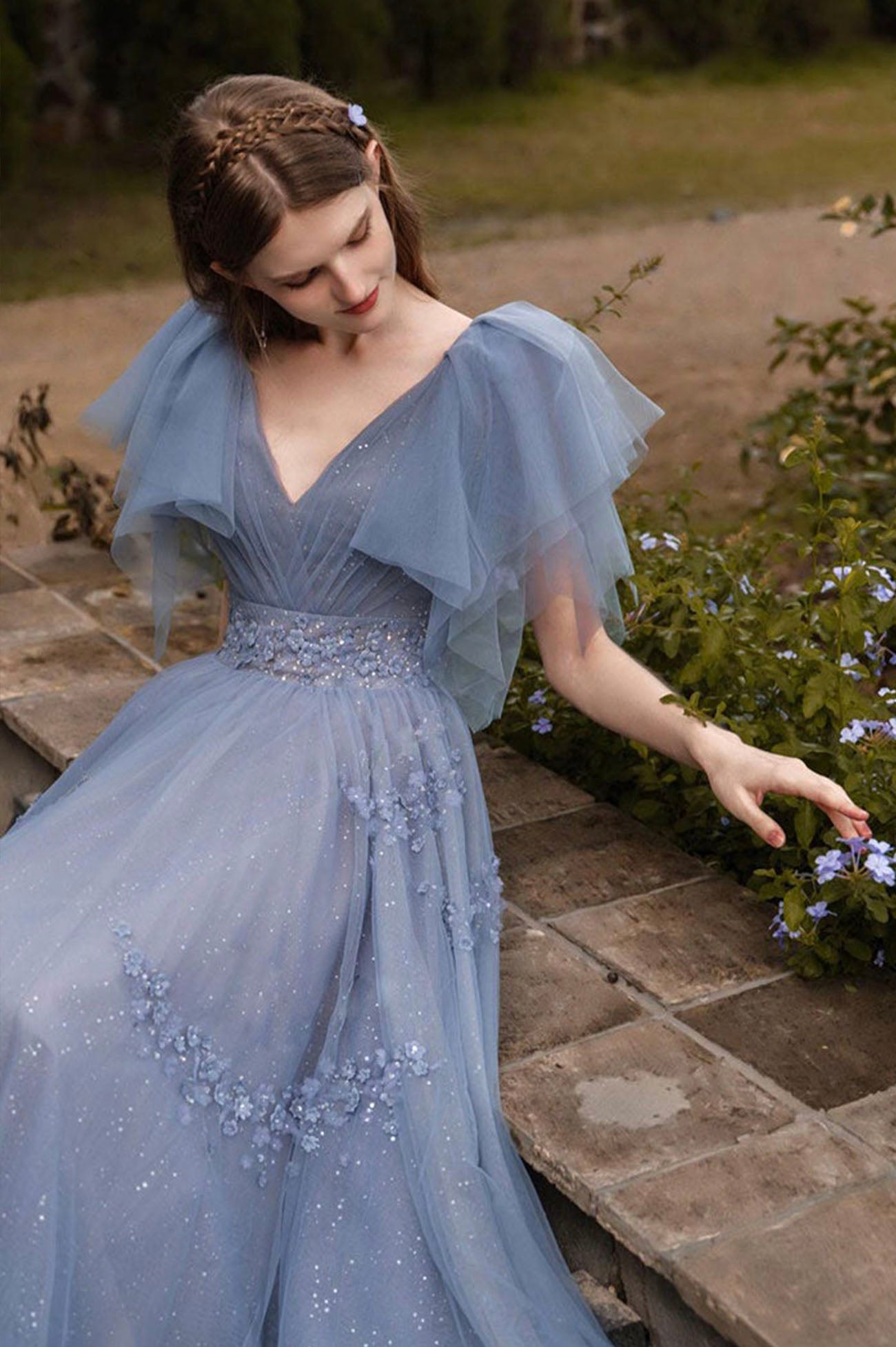 Blue Tulle Long A-Line Prom Dress, Cute V-Neck Evening Party Dress